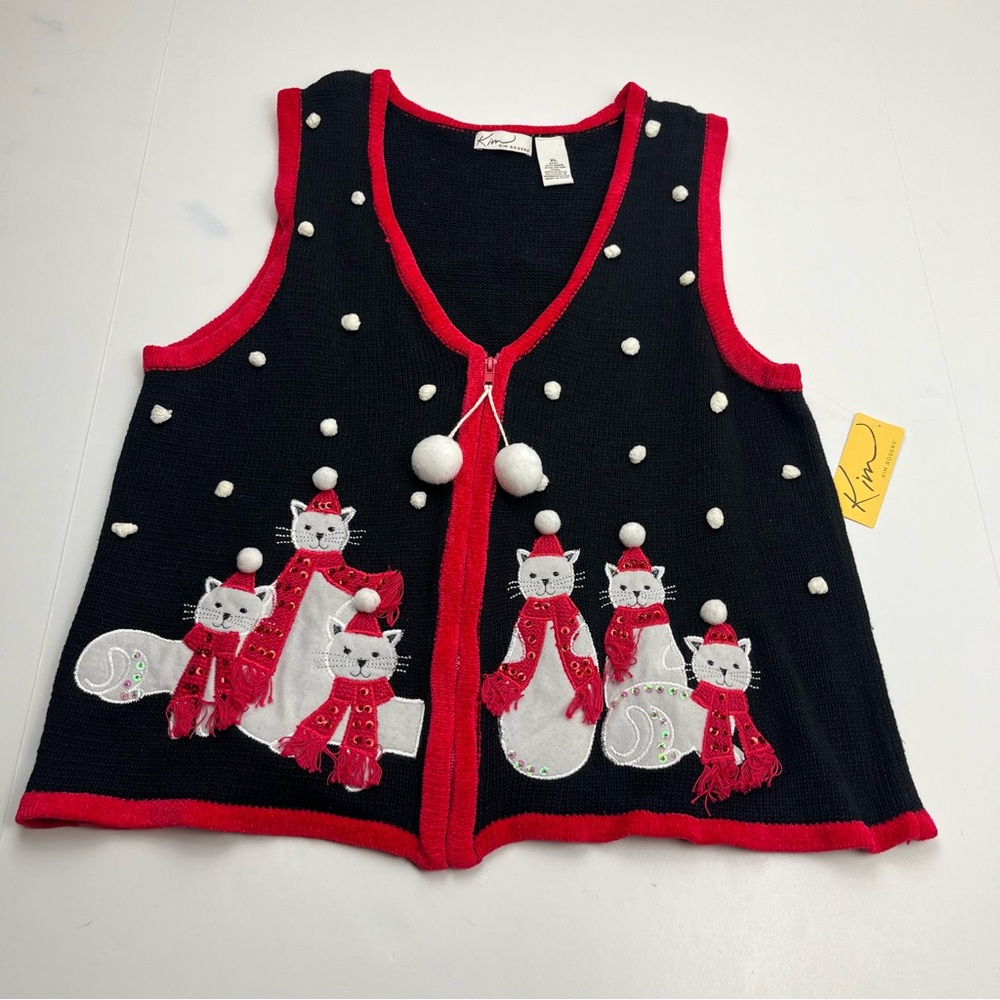Kim Rogers Christmas Holiday Winter Festive Cat Knit Vest XL Black Red NEW *FLAW